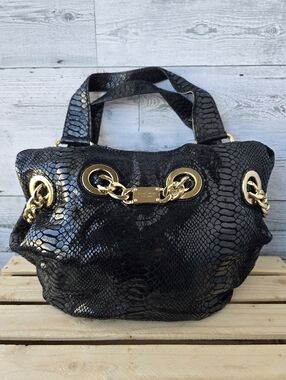 Michael Kors Snakeskin Patent Leather Shoulder Bag Black Gold Chain Medium
